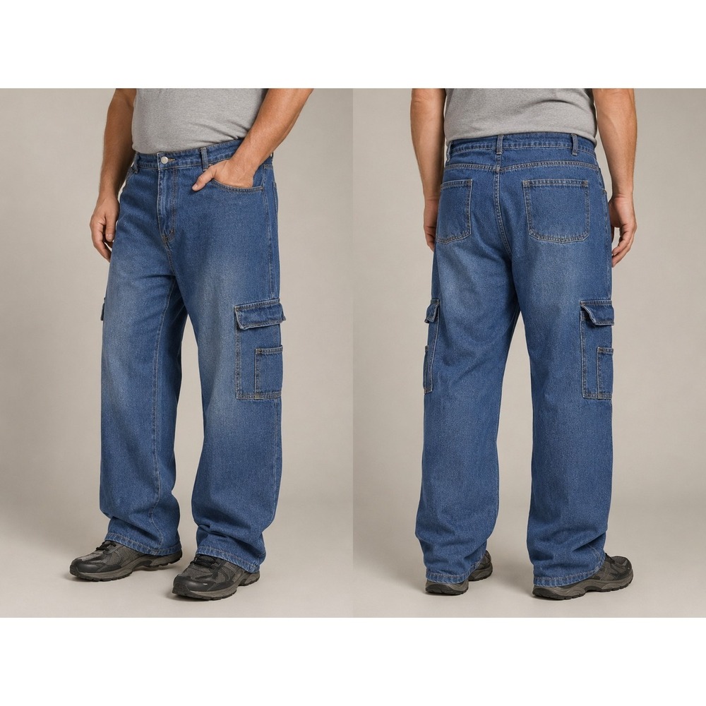Mens‎ XXL Denim Cargo Jeans Wide Leg Relaxed Fit Blue Utility Pants 36x27 Approx